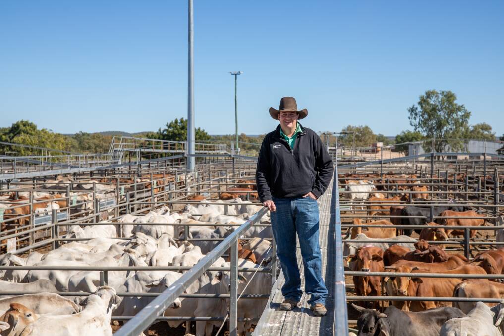 Nutrien Ag Solutions Charters Towers livestock agent Brent Williams with vendors Frank and Robyn Blacklock of Pelham Station, Julia Creek run of 86 Brahman cross cows, which returned an average of $1249/hd. Picture: Zoe Thomas. 