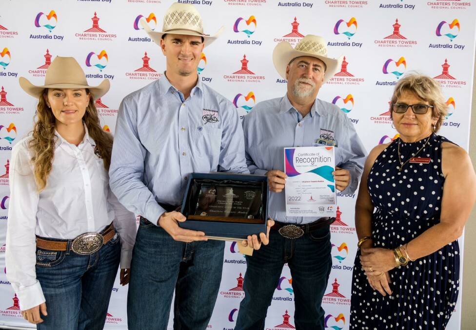 Charters Towers Rodeo Association executive committee members: secretary Bridie Davison, president Tate van Wel, and treasurer Paul Weston with councillor Julie Mathews. The Charters Towers Rodeo Association was recognised as the 'Community Event of the Year' at the 2022 Charters Towers Regional Council's Australia Day Awards. Picture: Charters Towers Regional Council. 