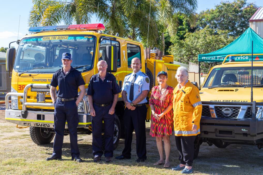 Charters Towers Rural Fire Brigade first officer, Tate van Wel, former first officer and valued member, Malcolm Stower, Rural Fire Service north west area director, Shane Hopton, secretary Janette Archibald and Rural Fire Brigades Association Queensland senior vice president and north west representative, Nellie Baron. Picture: Zoe Thomas.