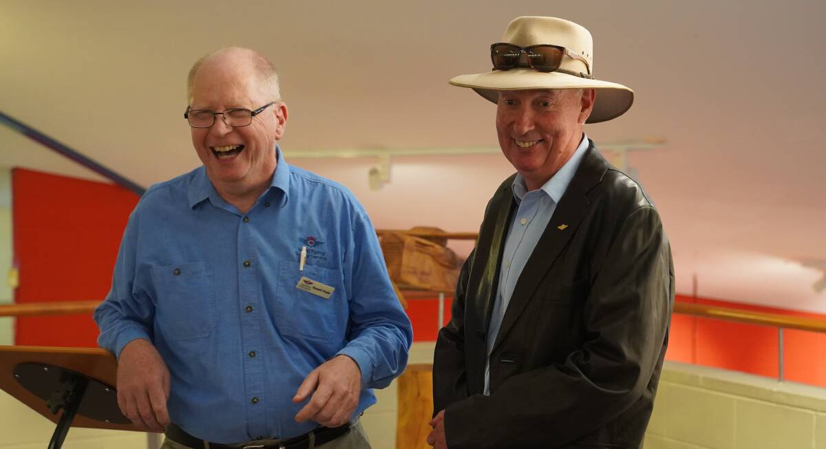 RFDS Queensland Chairman Russell Postle and former flying doctor Don Bowley OAM at a celebration of the anniversary in Cloncurry. Picture supplied.