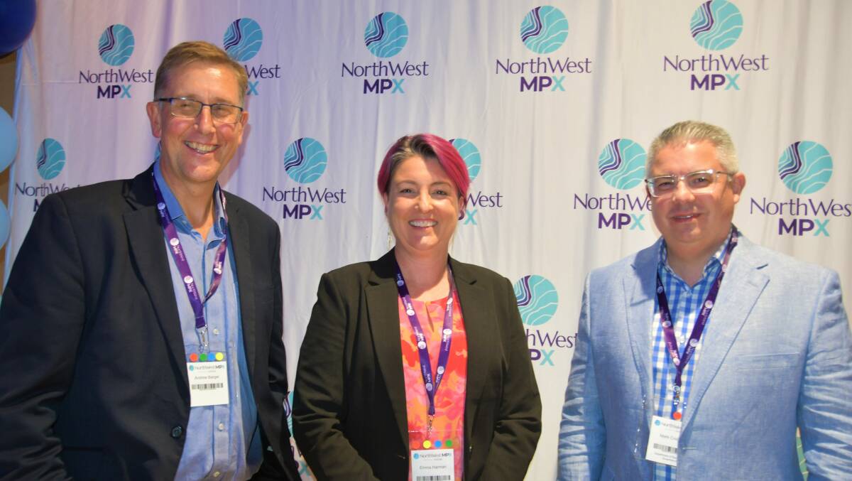 MC Andrew Barger, Commerce North West president Emma Harman and DG of Dept of Resources Mark Cridland at the MPX 2022 opening. Picture Derek Barry.