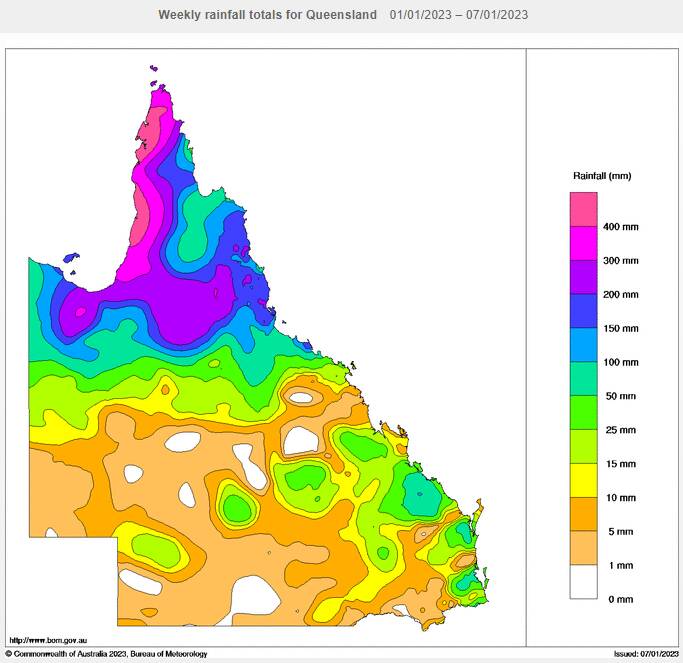 Parts of north west Queensland received more than 200mm of rain in the first seven days of 2023. Picture Bureau of Meteorology.