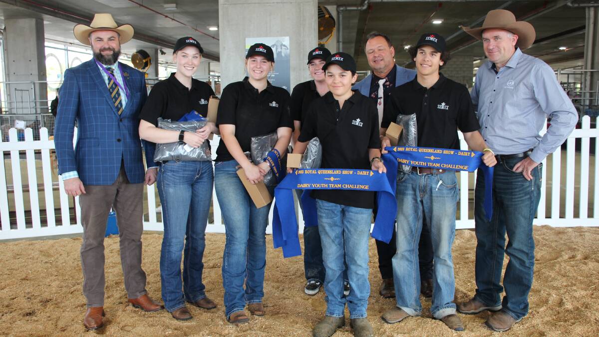 Semex team of Abbi Blackmore and Katelyn Tippet from Kenilworth, Zoë O'Neill, Nambour, Ayce Barron, Canbooya, and Ethan Williams, Burpengary, with John Cotter, judge Rod Verrall and Stuart Blackmore, UD Trucks Brisbane. Photo by Alexandra Bernard.
