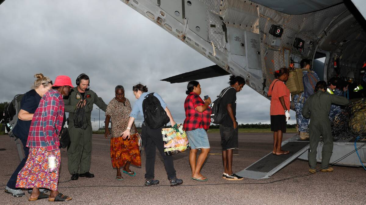 Air Force air mobility assets are assisting with the evacuation of local residents from Borroloola to Darwin. Picture supplied. 