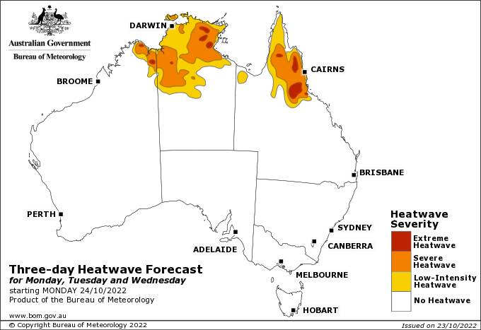 Forecast: Severe to extreme heatwave conditions over parts of northeast QLD, parts of the Top End, and far north-eastern parts of the Kimberley in WA. Low intensity to severe heatwave conditions over parts of northern QLD, including Cairns, the northern half of the NT including Darwin, and north-eastern parts of the Kimberley in WA. Picture by Bureau of Meteorology. 