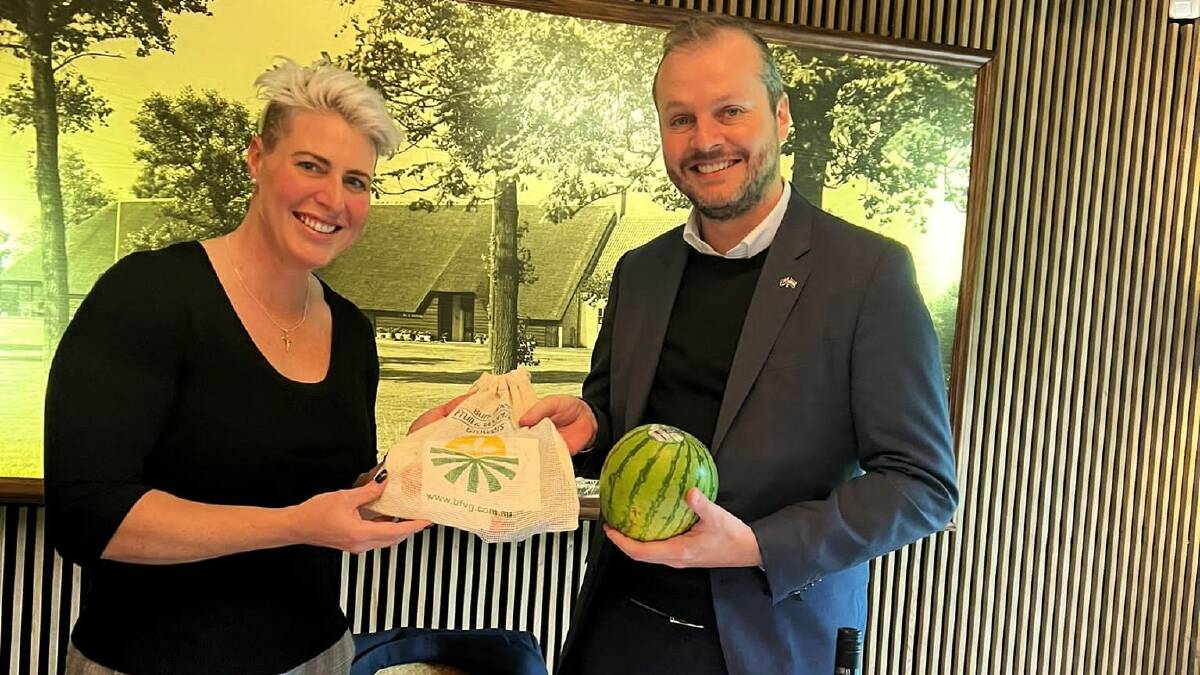 Bree Watson CEO of Bundaberg Fruit and Vegetable Growers with Wim Verstraaten, Senior Business Development Manager, Australian Trade and Investment Commission in the Netherlands with a Melita watermelon. Picture: Supplied