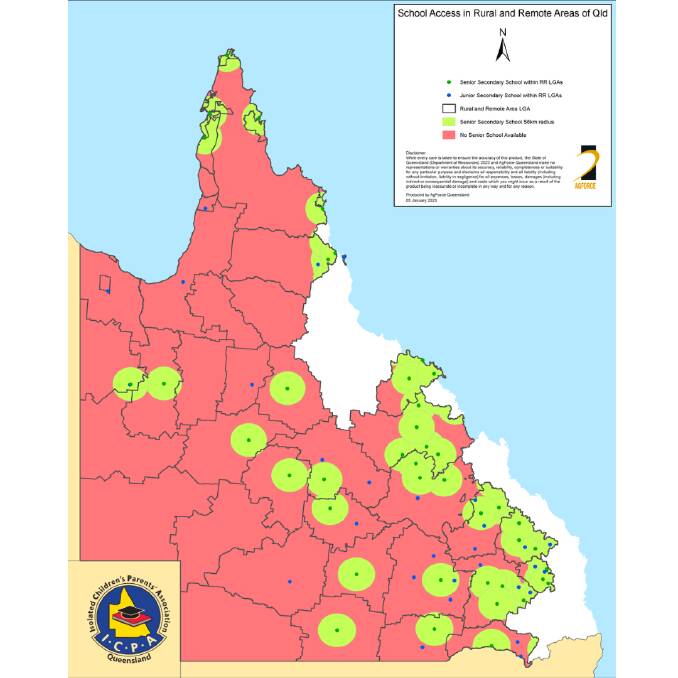The red represents all areas in Queensland that have no senior schooling avaliable. Picture: supplied by ICPA Queensland.