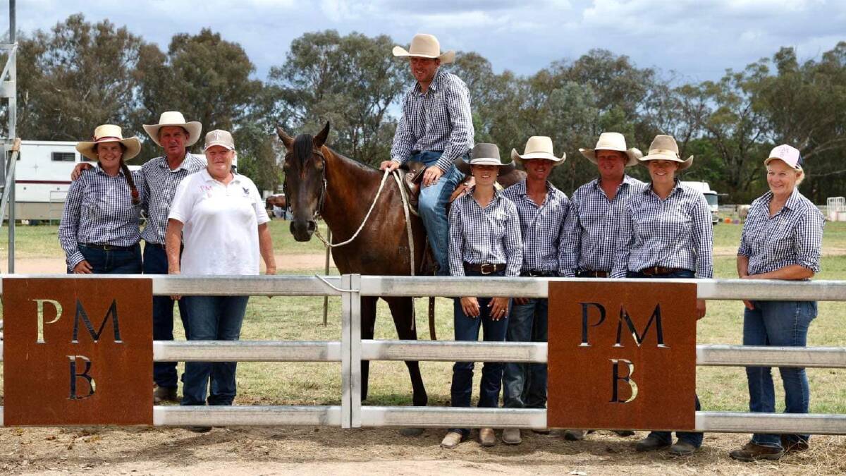 Berragoon Stash who sold for $80,000 to the Will Durkin Syndicate with Maxyne Prothero, Charlie and Sara Grills, Jim Grills, Katie Wells, Marty and Darcy O'Sullivan, Lucy Grylls and Debbie Grylls, all of Berragoon Stock Horse stud. Photo supplied. 