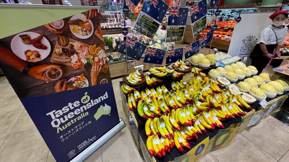 A display set up in a Japaneses supermarket showing Australian grown fruit, including red wax tipped bananas from Pacific Coast Eco Bananas, grown using the Ecoganic farming method developed by Frank and Dianne Sciacca. Picture: supplied 