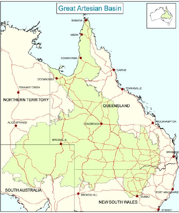 A map showing the extent of the GAB across Queensland, NT, NSW and SA. The map is produced by the Environment Resources Information Network.