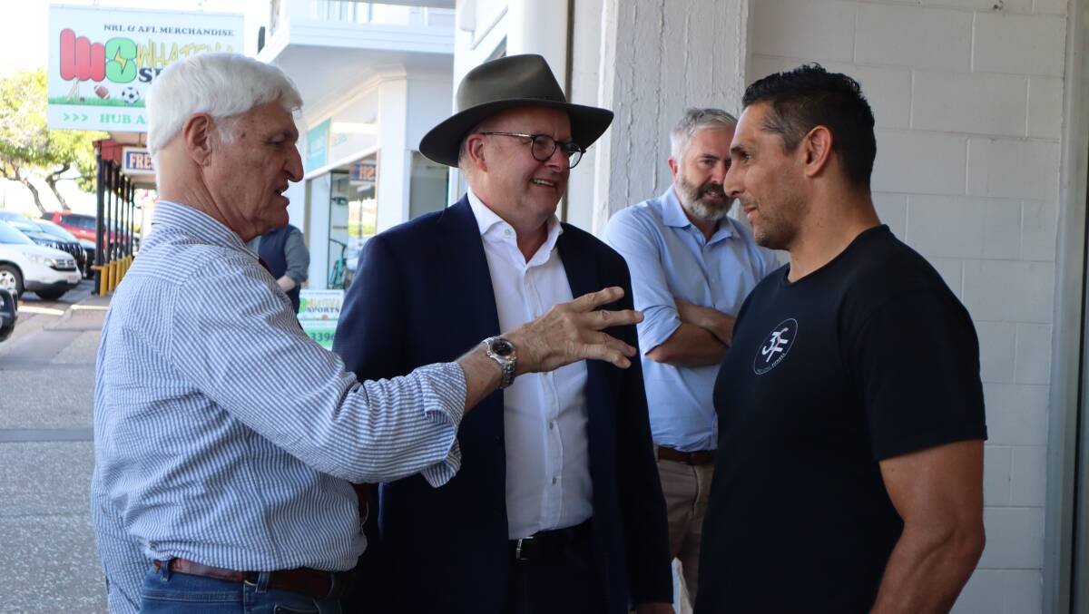 Federal Member for Kennedy Bob Katter with PM Anthony Albanese and Queensland footy legend John Doyle in Mount Isa recently. Picture by Samantha Campbell