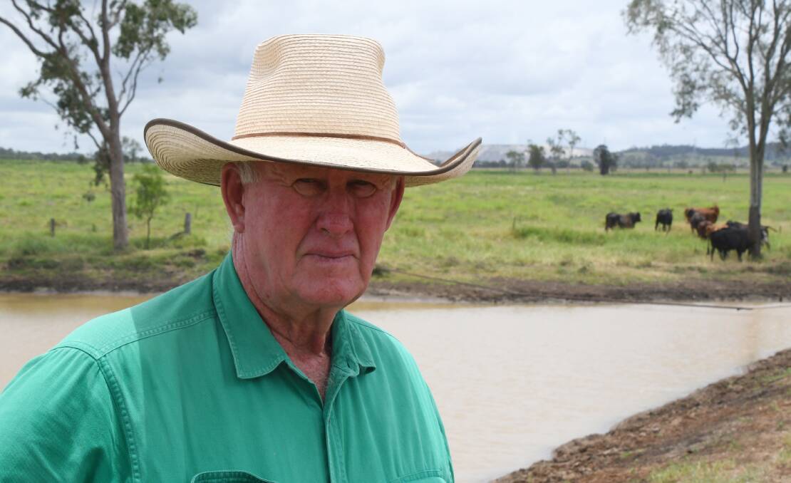 Larry Acton near a dam at his property, Frog's Hollow, near Biloela, that had to be enlarged to provide clean water to his cattle. Picture: Judith Maizey