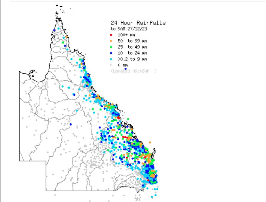 Bureau of Meteorology map showing rainfall across Queensland in the 24 hours to 9am December 27, 2003. Picture: BOM
