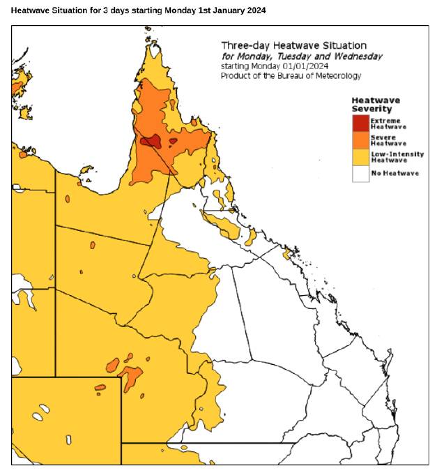 The Bureau of Meteorology issued its three-day heatwave map for Queensland. Picture: Supplied 