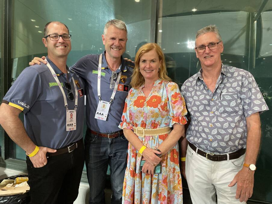 Hawthorn Football Club CEO Ashley Klein, club president Andy Gowers, Advance Cairns ceo Jacinta Reddan and AFL Cairns board member Stephan Olle, enjoyed wtaching the inagural AFLW game held at Cazaly's Stadium in Cairns. Picture: Alison Paterson