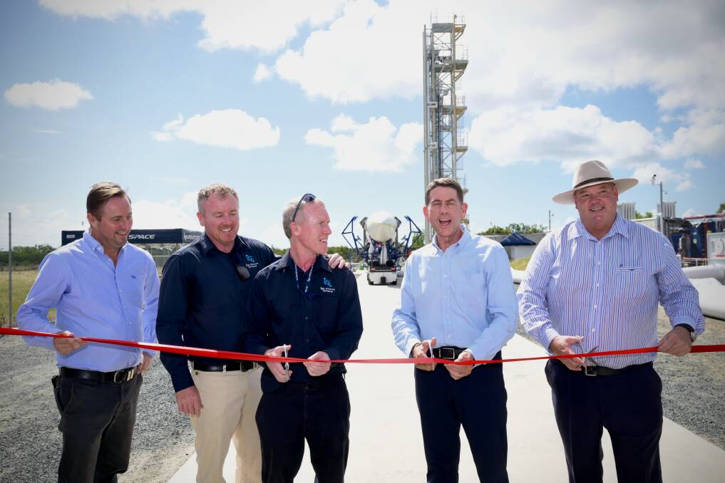 Mayor Ry Collins was on board to help Gilmour Space founders Adam and James Gilmour and Member for Dawson Andrew Wilcox cut the ribbon on the Bowen Orbital Spaceport site. Picture: Supplied