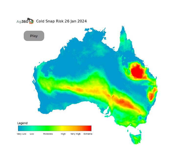 A screen grab from the Ag360 cold snap risk map shows areas at risk across the country. Picture: Ag360