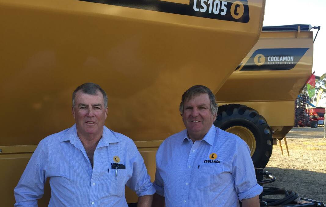 Bruce Hutcheon, Coolamon Chaser Bins, left, now has the manufacturing rights to the patented Haze Ag spreader developed by Richard Hazelton.