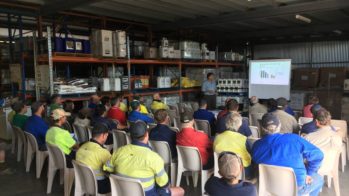 PRESENTING THE FACTS: Nufarm field research officer Frank Taylor presenting on 2,4-D label changes to farmers as part of the Nufarm SprayWise program. 