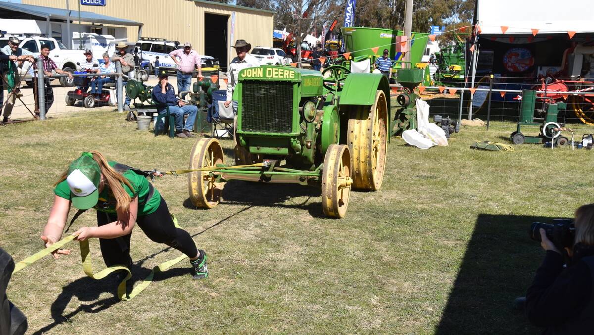 SUCCESS: Albury strong-woman, Scout Symons pulls a 90 year old John Deere tractor at Henty Machinery Field Days