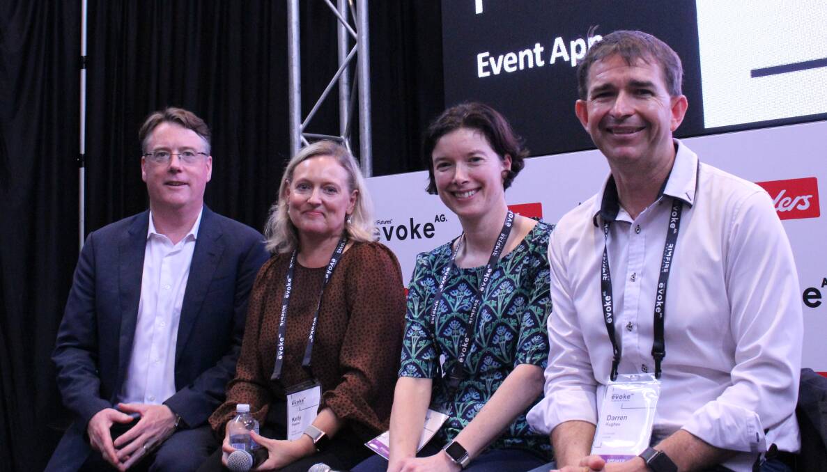 BIG DATA: Participating in a panel discussing big data at AgriFutures EvokeAg; Cainthus CEO Aidan Connolly, farmer and Wheatbelt Science director Dr Kelly Pearce, Agriculture Victoria and LaTrobe University researcher Dr Jennie Pryce and Laconik founder Dr Darren Hughes.