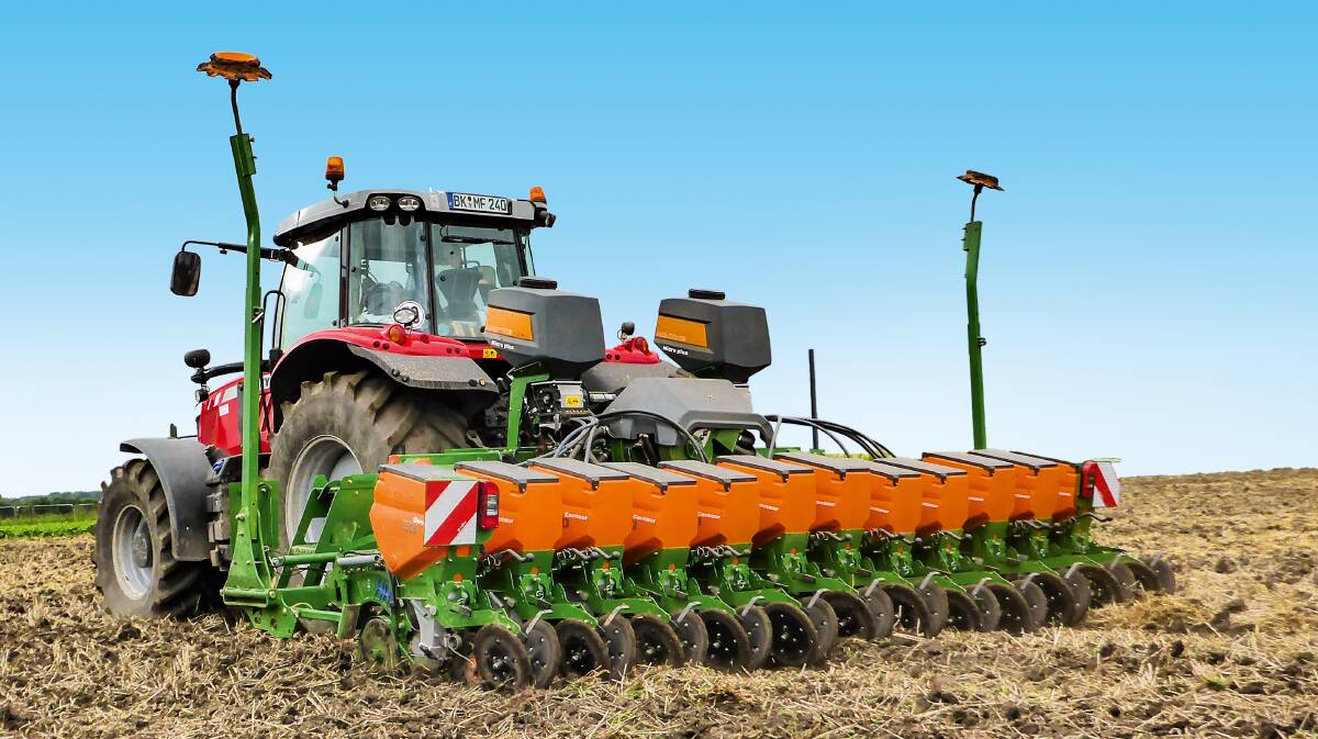 A six metre Amazone ED 6000 Special fitted with 12 contour sowing units and twin applicators.