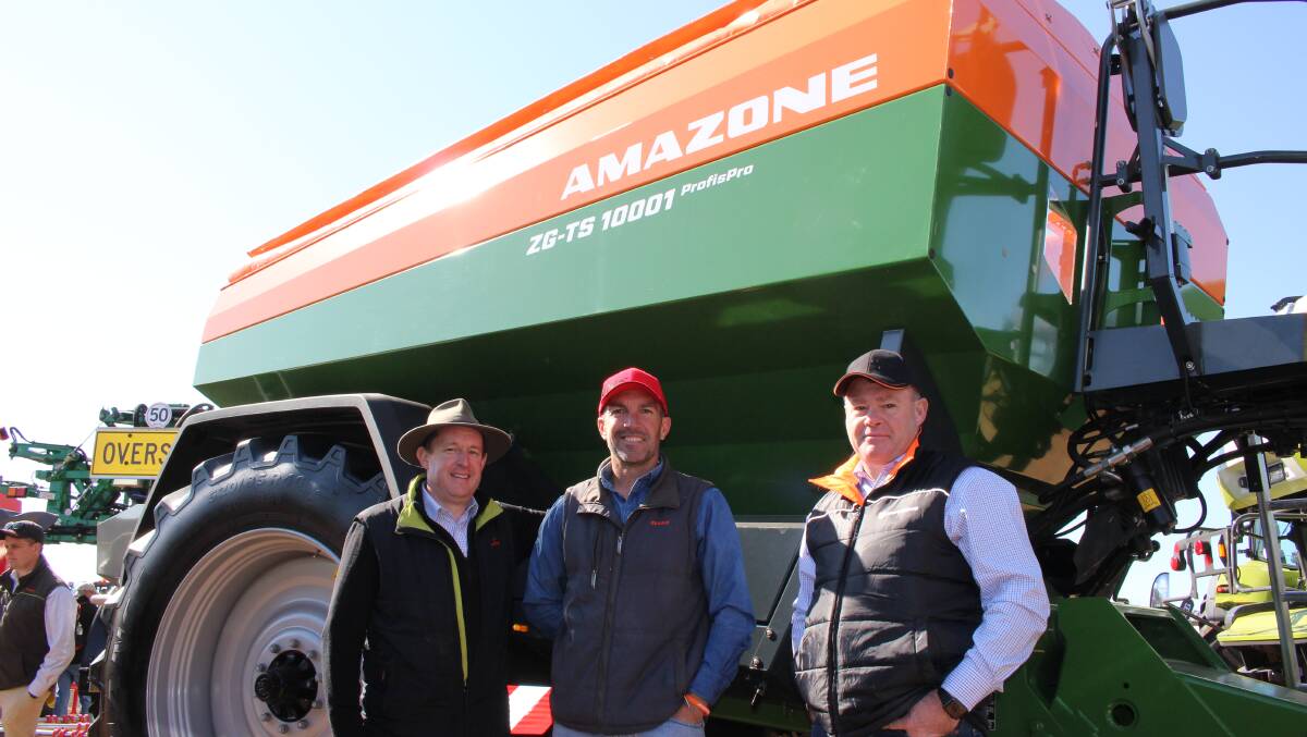 SPREAD THE WORD: Paul Birbeck, Landpower Australia; Jeremy Mathews, WJ Mathews Moree and Craig Hopkins, Claas Harvest Centre, Amazone product manager with the new Amazone ZG-TS 10001 trailed spreader at Commonwealth Bank AgQuip. 
