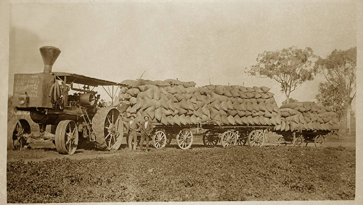 ROAD TRAIN: JT Maunder driving the steam tractor transporting chaff for the draft horse teams, Pallamallawa NSW, 1914. Photo: Photo: Copyright Maunder Family