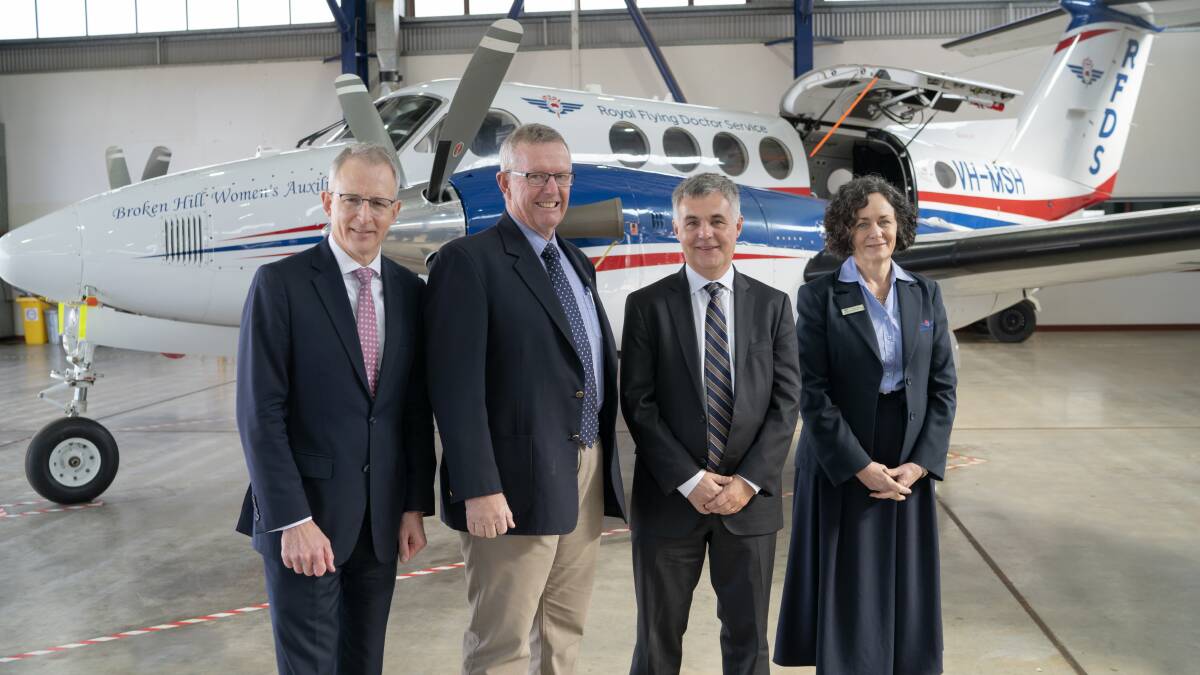 ON THE GROUND: Minister for Communications, Cyber Safety and the Arts Paul Fletcher; Minister for Regional Services, Decentralisation and Local Government, Mark Coulton; NBN Co CEO, Stephen Rue and Royal Flying Doctors Service general manager Jenny Beach visited Dubbo for the launch of the Sky Muster Plus satellite internet service. 