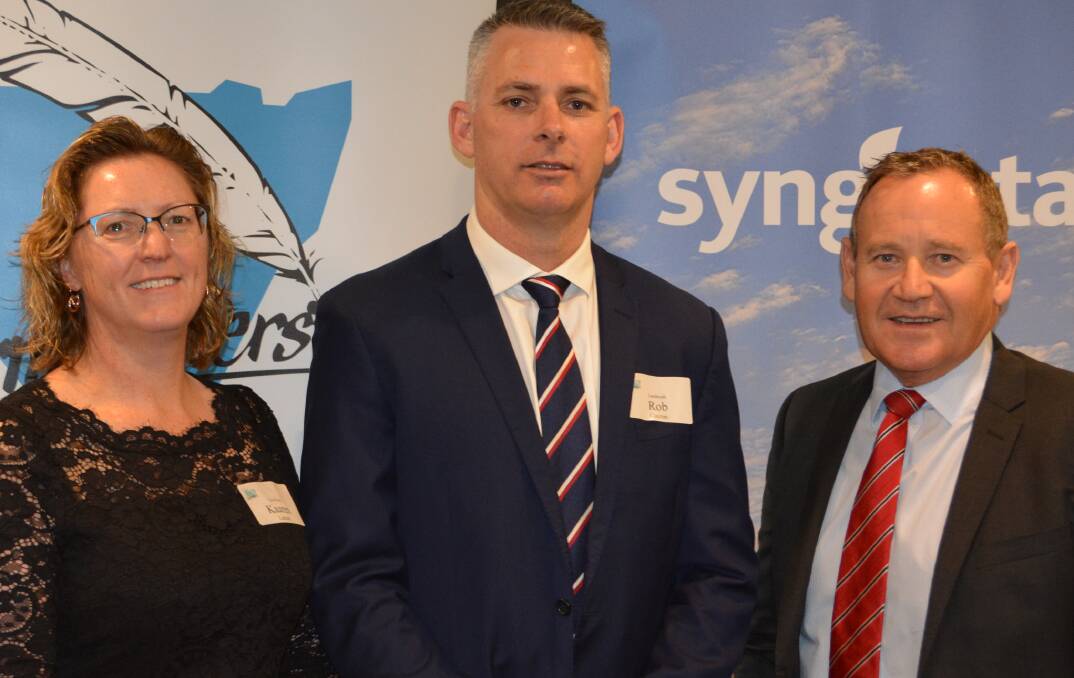 Landmark-Ruralco managing director, Rob Clayton (centre), with Farm Writers Association of NSW president, Kaaren Latham, and Syngenta's Australian and New Zealand territory head, Paul Luxton, at last week's farm writers lunch forum.