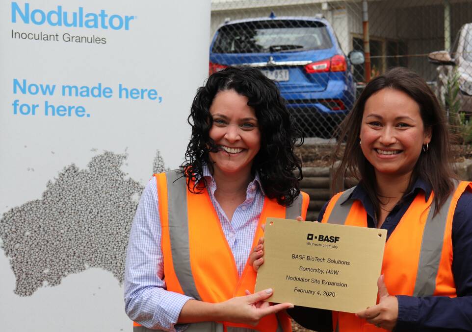 BASF marketing head, Leta LaRush, and Somersby site manager, Kathleen Johns, at this week's official opening of the company's new Nodulator biological seed inoculant production line.