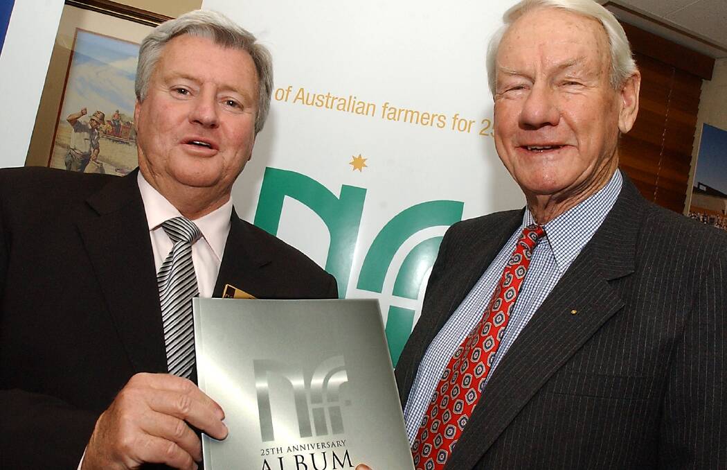 National Farmers Federation president from 2002 to 2006, and NSW-Queensland border livestock and grain producer, Peter Corish, marks the NFF's 25th anniverary year in 2004 with Michael Davidson, the organisation's second president from 1981 to1984. 