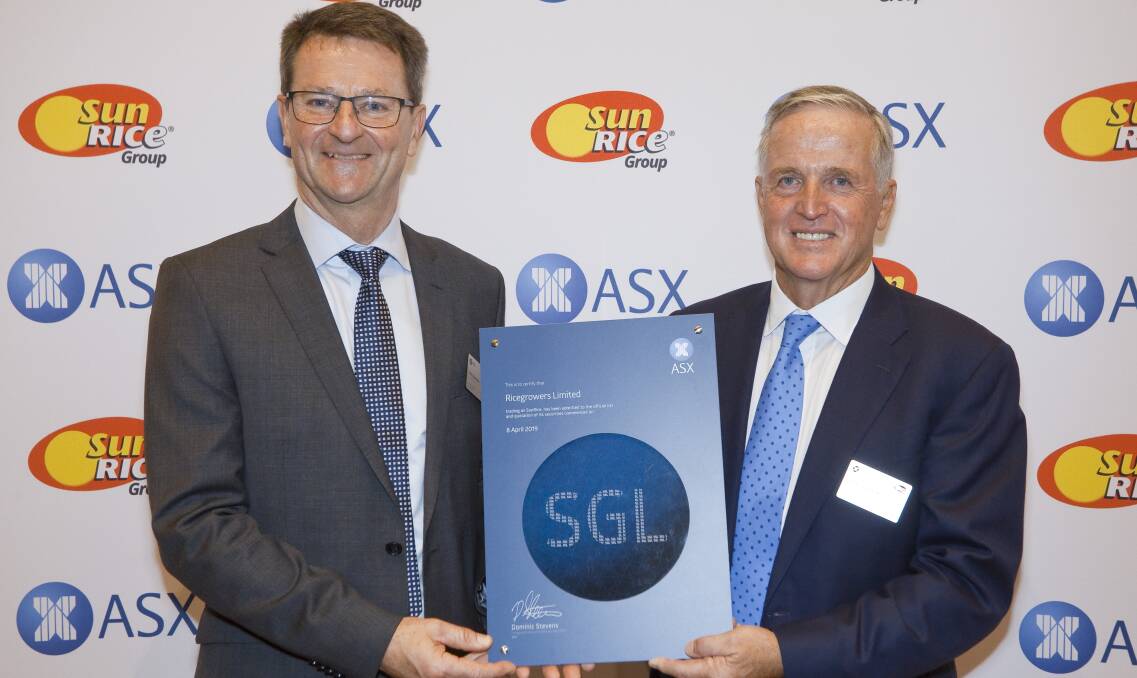Flashback to April 2019 when SunRice managing director Rob Gordon and chairman Laurie Arthur launched the company's shares on the Australian Securities Exchange.