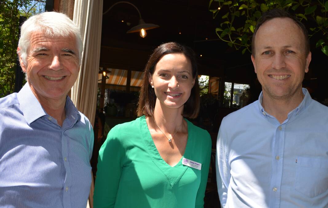 Australian Export Grain Innovation Centre's research general manager Ken Quail, with FoodBank Australia's national program manager Jacqui Payne and GrainCorp's corporate relations manager Luke Thrum at the GrainGrowers event.