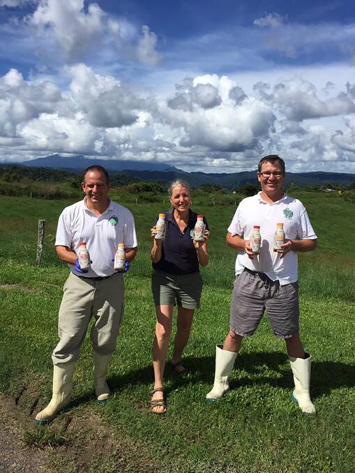 New Product: Alain Martignier, operations and plant manager, Michelle Bell-Turner, PR and marketing and Tim Holt, production supervisor, celebrate the launch of Mungalli Creek Dairy's new biodynamic flavoured milk.