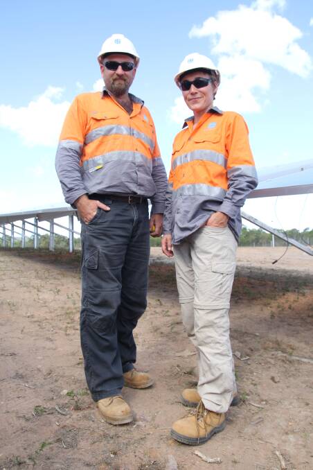 Ground Breaking: Site manager Daniel Stewart and Inka Heile, manager projects and engineering, in amongst the solar panels.