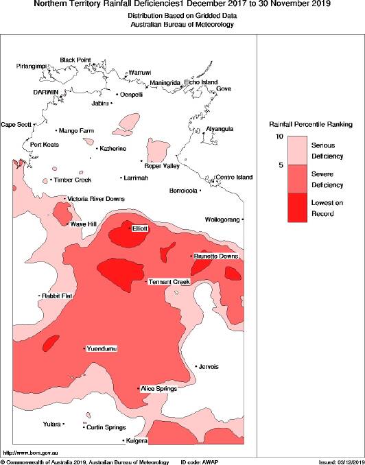 The red shaded areas show the record dry across the Barkly in the past two years. Graphic: Bureau of Meteorology. 