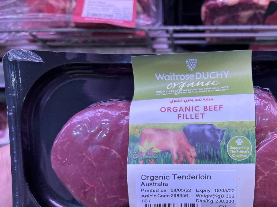 Australian organic beef featured prominently under the Waitrose Duchy brand at a supermarket in Dubai.