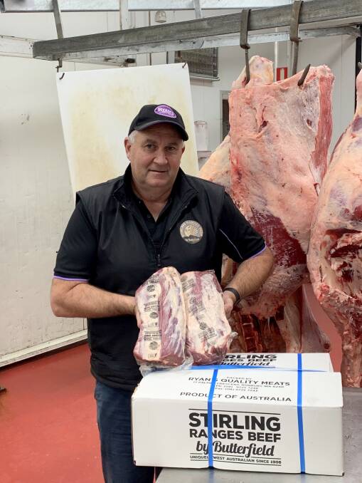 ON THE JOB: Western Australian butcher Greg Ryan with product. His business, RQM, is the sole wholesale distributor of Stirling Ranges Beef in Australia. 