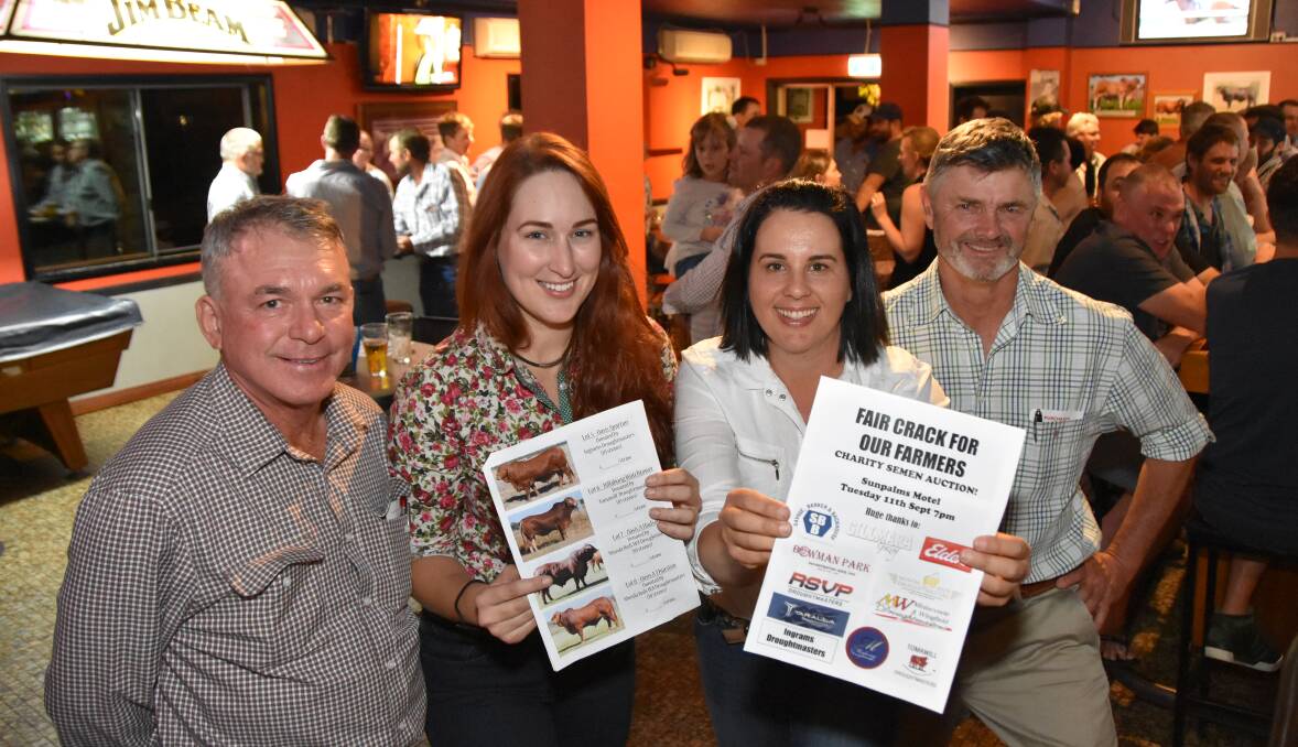 Terry Piggot, Aldinga Droughtmasters, Rolleston, donated $2100 to the 'Fair Crack for our Farmers' charity with Jillaroo Jess Edwards, charity event organizer Nadia Gillies, Gillmara Grazing and Tim Lloyd, Heitiki Droughtmasters, Delungra, NSW who donated $6500. 