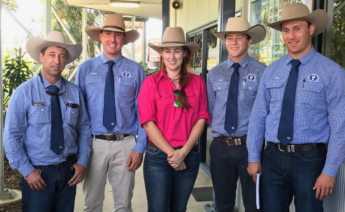 'Fair Crack for our Farmers' Jillaroo Jess with Savage Barker & Backhouse (SBB) livestock team who donated some sales commissions on some bulls during the 2018 Droughtmaster National bull sale to the charity fundraiser. 