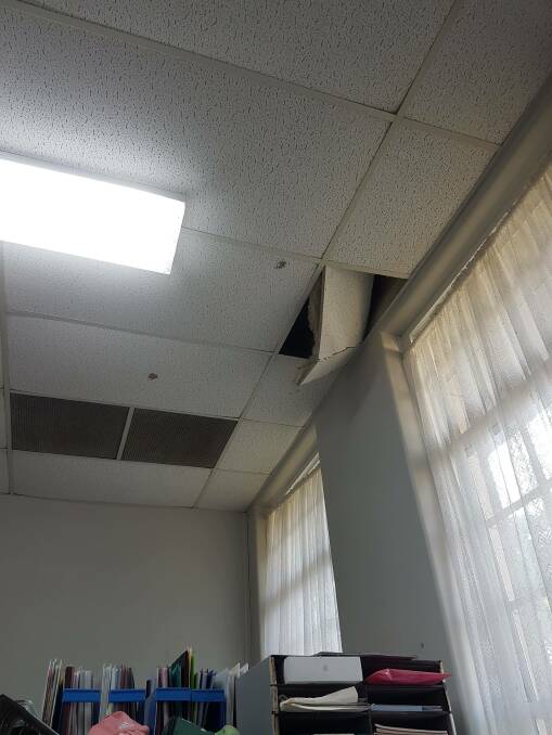 A possum has made a hole in the ceiling in this classroom at Warracknabeal Secondary College.