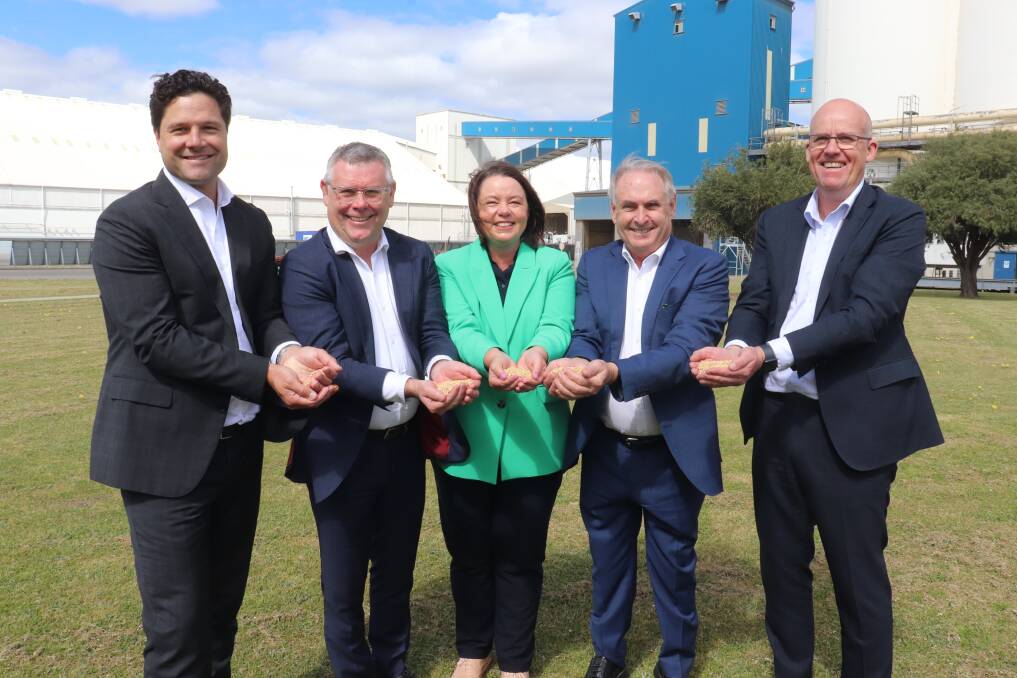 CBH chief executive Ben Macnamara (left) with minister for agriculture Murray Watt, minister for resources Madeleine King, minister for trade Don Farrell and CBH chairman Simon Stead at the Kwinana grain terminal in Western Australia this morning. Photo by Jasmine Peart.