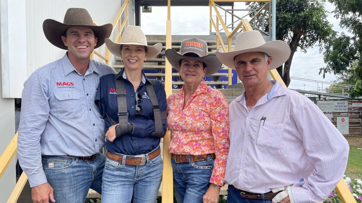 Repeat buyers: Mac and Gayle Shann, Lamont stud, Cantaur Park, Clermont, with the 2021 MAGS sales' top volume buyers Perry and Nicola Fox, SPK Pastoral, Spring Creek, Mount Garnet, who purchased 12 to average $9083.