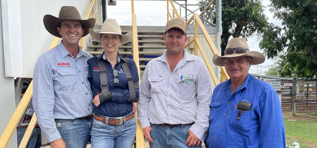 Tops in 2021: Mac and Gayle Shann, Lamont Stud, Cantaur Park, Clermont, with Kurt and Neil Angus, Hillside Droughtmasters, Dawson Vale, Charters Towers, who purchased the $42,000 top price overall bull (and herd bull) of the 2021 MAGS Droughtmaster Sale, EZE 207 (PP). 