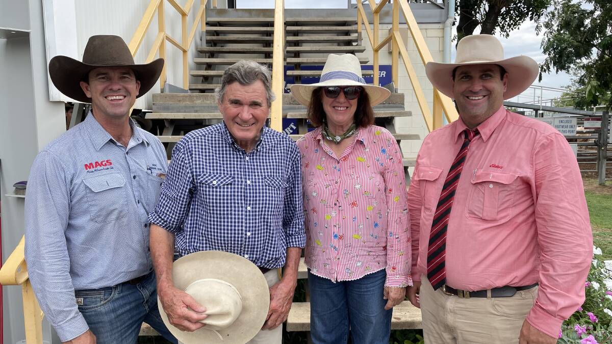 Toronto shines: Mac Shann, Lamont Stud, Cantaur Park, Clermont, and Elders sale agent Anthony Ball with Allan and Jeanette Williams, Riverside Pastoral Company, Nebo, who bought the second top price bull (and top priced registered Droughtmaster) of the sale, Lamont Toronto (P) D4, for $40,000.