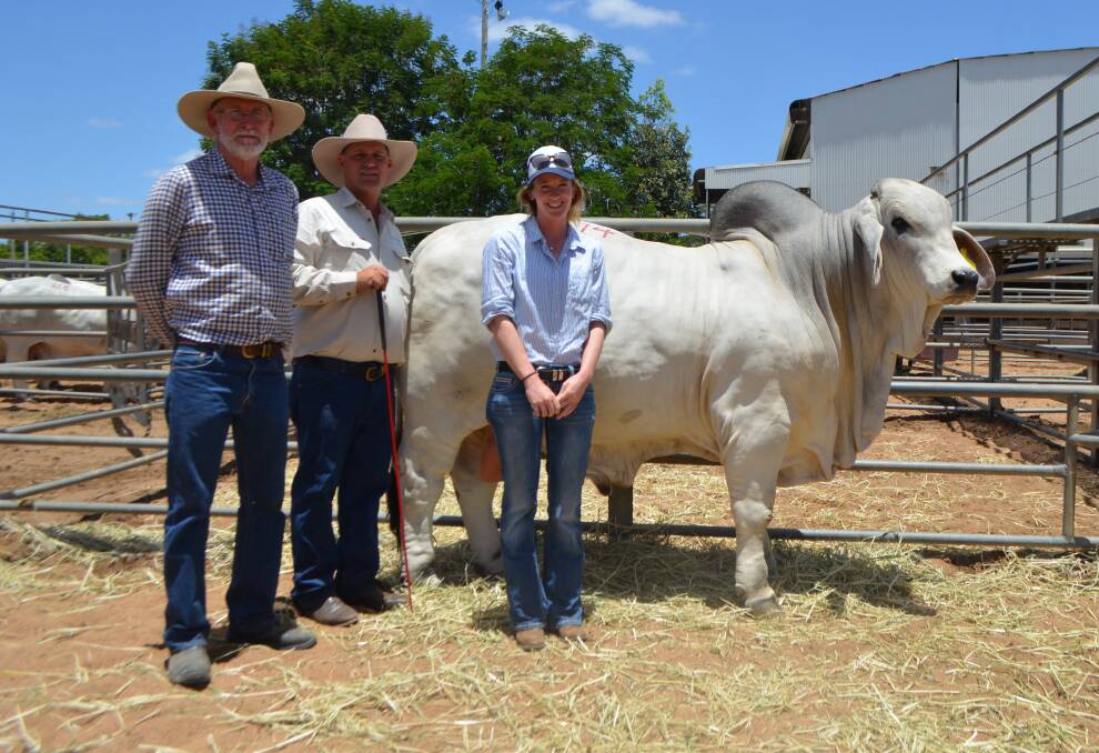 Cambil DiCaprio Manso scored the second highest price of the sale at $47,500. Vendor Lawson Camm is pictured with buyers Roger and Kate Landsberg, Trafalgar Pastoral Company, Charters Towers.