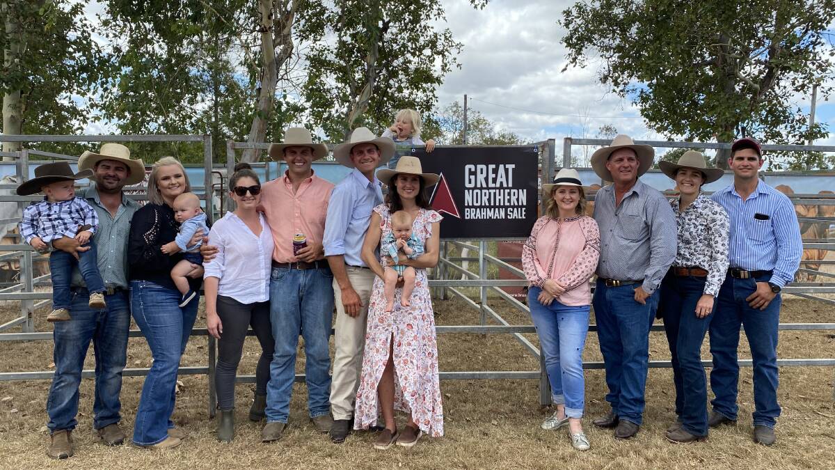 Pictured from left to right: Nick and Kira Brownson with sons Henry and Charlie from Burdekin Brahmans, Cassandra and James Kent from Kent Beef, Peter and Mariah Chiesa with daughters Elin and Halle from Palm Creek Brahmans, Sophie and Lawson Camm from Cambil Brahmans, and Renee and Blake Chiesa from Badilla Brahmans. Picture supplied.