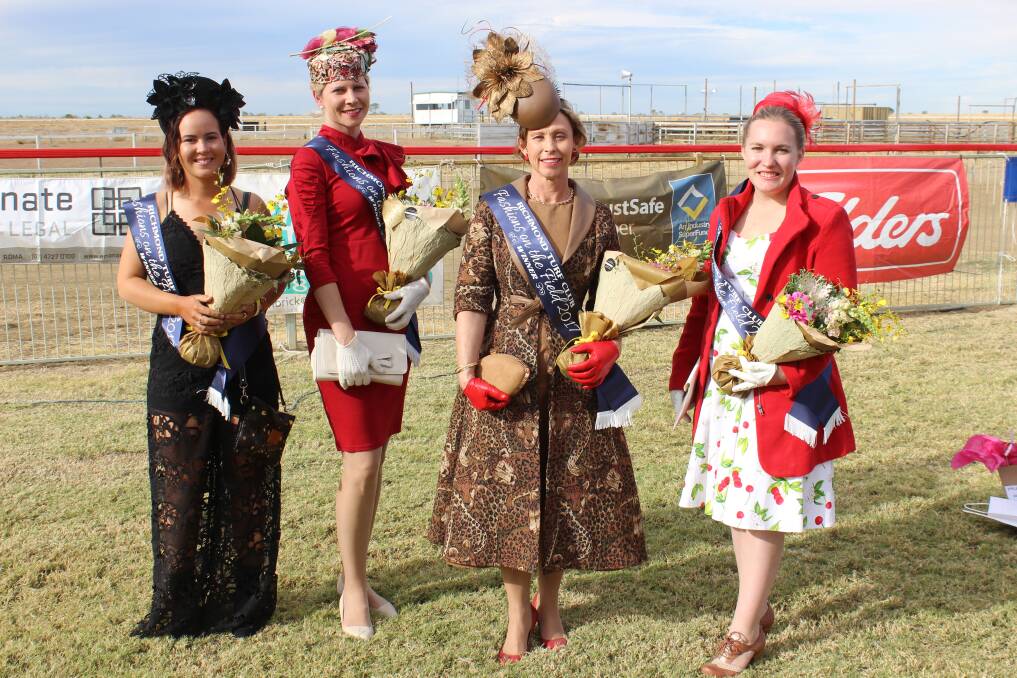 Fashionable ladies: 2017 Emanate Legal Fashions on the field winners Natalie Keough, Karen Kennedy, Shelley Davidson, and Clancie Rogers.