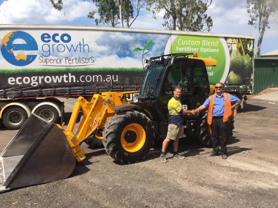 Yielding results: EcoGrowth general manager Simon Clarke (with JCB Brisbane's Wayne Sealey). EcoGrowth crop nutrition products have stood the test of time and consistently deliver to growers’ bottom line.